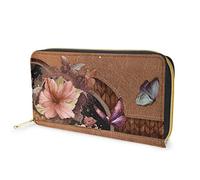 Dolyues Portefeuille long en cuir synthétique pour femme avec plusieurs emplacements, fermeture éclair, porte-cartes de crédit, pièces de monnaie, argent, Motif papillon hibiscus, Classique