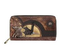 Dolyues Portefeuille long en cuir synthétique pour femme avec plusieurs emplacements, fermeture éclair, porte-cartes de crédit, pièces de monnaie, argent, Motif éléphant, Classique