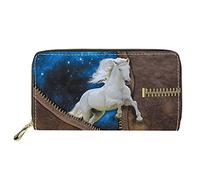 Dolyues Portefeuille long en cuir synthétique pour femme avec plusieurs emplacements, fermeture éclair, porte-cartes de crédit, pièces de monnaie, argent, Motif cheval galaxie, Classique