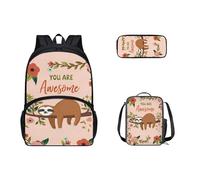 Dolyues Sac à dos 3 pièces pour adolescentes, filles, garçons, cartable d'école, sac à livres avec boîte à déjeuner et petite trousse à crayons, Paresseux