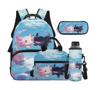 Dolyues Sac à dos 4 pièces pour filles de 8 à 10 ans avec pochette pour bouteille d'eau, sac à dos papillon avec boîte à déjeuner, léger pour la rentrée scolaire, Axolotl Rose Noir, Sac à dos daypack