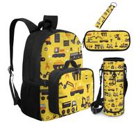 Dolyues Sac à dos 5 pièces avec boîte à déjeuner attachée, sacs de rentrée scolaire pour garçons de 8 à 10 ans avec porte-clés, Excavatrice Jaune, Sac à dos daypack