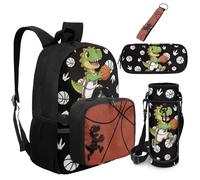 Dolyues Sac à dos 5 pièces avec sac à déjeuner attaché, sac à dos tracteur pour garçons avec pochette pour bouteille d'eau, porte-clés de 3e année, Ballon de basket dinosaure, Sac à dos daypack