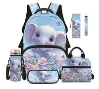 Dolyues Sac à dos 6 pièces avec boîte à déjeuner pour filles de 8 à 10 ans, sac à dos kawaii pour enfants, éléphant, Sac à dos daypack
