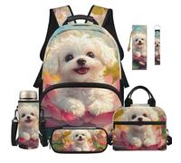 Dolyues Sac à dos 6 pièces avec boîte à déjeuner pour filles de 8 à 10 ans, sac à dos kawaii pour enfants, Chiot blanc, Sac à dos daypack