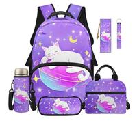 Dolyues Sac à dos 6 pièces avec boîte à déjeuner pour filles de 8 à 10 ans, sac à dos kawaii pour enfants, Planète chat, Sac à dos daypack