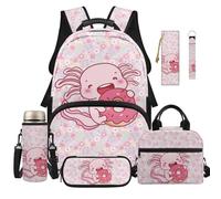 Dolyues Sac à dos 6 pièces avec boîte à déjeuner pour filles de 8 à 10 ans, sac à dos kawaii pour enfants, Axolotl Donuts, Sac à dos daypack