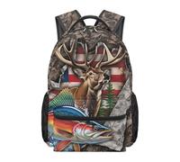 Dolyues Sac à dos camouflage pour garçons de 4e année de 8 à 12 ans, sacs à livres patriotiques pour enfants élémentaires, chasse, camping, Drapeau Américain Poisson Cerf, Sac à dos daypack