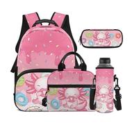 Dolyues Sac à dos d'école primaire 4 pièces Combo boîte à déjeuner pour filles de 4e année 8 à 10 ans avec pochette pour bouteille d'eau, Axolotl Donuts Rose, Sac à dos daypack
