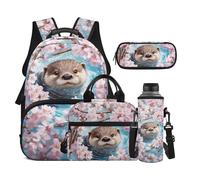 Dolyues Sac à dos d'école primaire 4 pièces Combo boîte à déjeuner pour filles de 4e année 8 à 10 ans avec pochette pour bouteille d'eau, Fleur de loutre, Sac à dos daypack