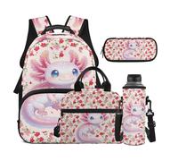 Dolyues Sac à dos d'école primaire 4 pièces Combo boîte à déjeuner pour filles de 4e année 8 à 10 ans avec pochette pour bouteille d'eau, Imprimé floral Axolotl, Sac à dos daypack