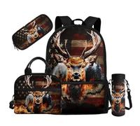 Dolyues Sac à dos noir 4 pièces pour garçons de 6 à 14 ans avec boîte à déjeuner, trousse à crayons, housse pour bouteille d'eau, Cerf drapeau