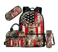 Dolyues Sac à dos noir 4 pièces pour garçons de 6 à 14 ans avec boîte à déjeuner, trousse à crayons, housse pour bouteille d'eau, Cerf camouflage de chasse