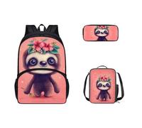 Dolyues Sac à dos pour enfants 3 pièces avec boîte à déjeuner et trousse à crayons pour adolescents, garçons et filles, Paresseux rose.