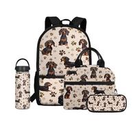 Dolyues Sac à dos pour filles 4-6 6-8 8-10 10-12 12-14 ans avec boîte à déjeuner et bouteille d'eau isotherme pour l'école, Teckel mignon, Water Bottle-20oz