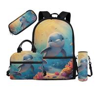 Dolyues Sac à dos pour filles 4-6 6-8 8-12 12-14 sacs d'école légers pour école préscolaire 4 en 1, Adorable dauphin.