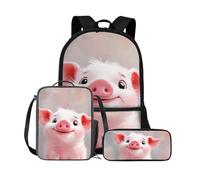 Dolyues Sac à dos pour filles avec boîte à déjeuner et trousse à crayons 3 pièces pour filles de 4 à 6 7 à 14 ans, Cochon - Rose