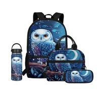 Dolyues Sac à dos pour garçons 4-6 6-8 8-10 10-12 12-14 avec boîte à déjeuner et bouteille d'eau isotherme pour l'école, chouette, Water Bottle-20oz