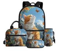 Dolyues Sac à dos pour garçons et filles 4-6 6-8 8-12 12-14 sacs d'école légers pour l'école préscolaire 4 en 1, Chat de dessin animé.