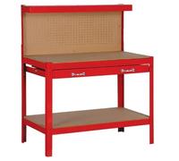 Domac ETAB100 Établi de Travail, 90x40x104 cm, Plan de Travail 12 mm Épais avec Grand Tiroir et Façade à Outils, Charge 100 kg, Rouge