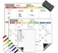Domary Tableau Blanc de Calendrier Magnétique Effaçable à Sec, Paquet de 3 | Film PET Réutilisable 100 000 Fois, Dos Magnétique Non Toxique, 5 Stylos et 1 Gomme Inclus, pour la Planification des