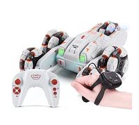 Domary Voiture de Cascade Télécommandée Double Face 2,4 GHz, Véhicule de Cascade Rotatif à 360 ° avec Lumières Musicales pour Enfants Garçons, Coffret Cadeau 22,5 Cm (Blanche)