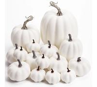 DomeStar Lot de 16 citrouilles Blanches artificielles, Tailles Assorties, Fausses citrouilles rustiques pour Halloween, Thanksgiving, Automne, Saison
