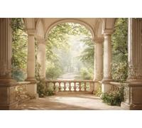 DOMEVISTA Papier Peint Arche Terrasse Forêt Chemin Roses 350 x 260 cm | rayons soleil sentier boisé calme naturel profondeur verdoyante charme ancien lumière; Fabriqué en Allemagne; colle incluse.