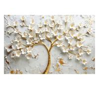 DOMEVISTA Papier Peint Photo Intissé Arbre Fleurs Relief Blanc 200x149 cm | Pétales Branche Sculpté Zen Minimal Forêt Bois Nature Feuillage Sentier Sapin Pin Botanique Jardin Feuilles; colle incluse.
