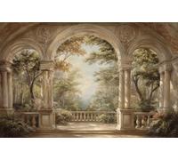DOMEVISTA Papier Peint Photo Intissé Arcades Forêt Fleurs Bout 350x260 cm | Nature Soleil Perspective Architecture Botanique Arches Voûtes Pierre Cloître Galerie Bois Arbres Sentier Pin; colle incluse.
