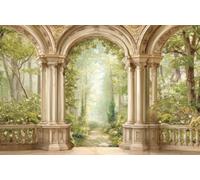 DOMEVISTA Papier Peint Photo Intissé Arcades Jardin Galerie Or 200x149 cm | Forêt Douceur Perspective Architecture Nature Arches Voûtes Pierre Cloître Bois Arbres Sentier Feuillage Pin; colle incluse.