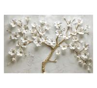 DOMEVISTA Papier Peint Photo Intissé Fleurs Arbre Relief Blanc 500x280 cm | Branches Pétales Sculpté Botanique Jardin Feuilles Prairie Bouquet Forêt Bois Nature Feuillage Sentier Sapin; colle incluse.