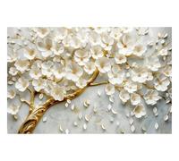 DOMEVISTA Papier Peint Photo Intissé Fleurs Relief Pétales Blanc 250x186 cm | Sculpté Botanique Branches Jardin Feuilles Prairie Bouquet Arbre Forêt Nature Bois Ivoire Fresque Panorama; colle incluse.