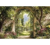DOMEVISTA Papier Peint Photo Intissé Jardin Arche Pierre Portail 450x280 cm | Verdure Allée Grille Parc Fleurs Botanique Pétales Feuilles Prairie Bouquet Fresque Panorama Tapisserie XXL; colle incluse.