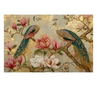 DOMEVISTA Papier Peint Photo Intissé Paons Magnolia Fleurs Rose 450x280 cm | Oiseau Chinoiserie Botanique Pétales Arbre Jardin Feuilles Prairie Bouquet Or Fresque Panorama Tapisserie XXL; colle incluse.