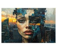 DOMEVISTA Papier Peint Visage Mosaïque Urbain Turquoise Or 500 x 280 cm | face frontale fragments pierre métropole nocturne reflets chauds composition structuré; Fabriqué en Allemagne; colle incluse.