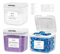 Domigard Lot de 3 boîtes de rangement pour lessive avec étiquettes et cuillères, récipient à lessive avec fermeture à pression, boîte à lessive pour lessive, perles et booster de parfum dans la salle
