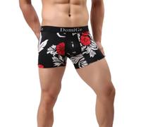DomiGe Mens Black Printed Boxer Shorts Floral Silver Logo Underwear | Bold floral print on soft stretch fabric with a silver logo waistband and a relaxed mid-rise cut