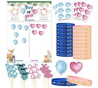 DOMINICK 69Pcs Baby Jeu Révélation,37PCS Tableau Gender Reveal Révélation du Genre and Autocollants+ 20PCS Bracelets en Silicone Révèle+12PCS Cupcakes Révèle pour Décoration Party Shower Fête