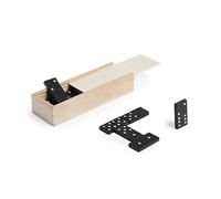 Domino classique de 28 pièces, fabriqué en bois, petit domino/voyage, pièces noires avec détails blancs, présenté dans un étui en bois individuel avec couvercle.