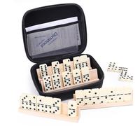 Dominoes and Tic Tac Toe Jeu de 28 dalles Dominos avec 4 étagères en bois, jeux de société classiques en bois, jeu de voyage portable avec étui de transport