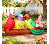 DomKom 3 petits oiseaux et fleurs gonflables - 2,4 m de long - Décoration de printemps gonflable - LED intégrées pour fête de vacances, jardin, pelouse, cour, patio, intérieur et extérieur