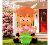 DomKom Vache des Highlands gonflable et pots de fleurs de 1,5 m, décoration extérieure, décoration de printemps gonflable, LED intégrées pour fête de vacances, jardin, pelouse, cour, patio, intérieur