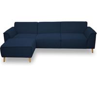 DOMO. collection Jules FK Canapé d'angle scandinave à Ressorts avec Pieds en Bois, 268 x 159 x 81 cm (l x p x h), Salon d'angle avec Chaise Longue Gauche, Bleu foncé