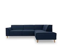DOMO. collection Jules FK Canapé d'angle scandinave à Ressorts Canapé avec Pieds en Bois 263 x 191 x 81 cm (l x p x h), méridienne Droite, Bleu foncé