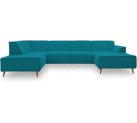 DOMO. Collection Wohnlandschaft Jules FK Canapé Scandinave à Ressorts Canapé en Forme de U avec Pieds en Bois 333 x 191 x 81 cm (LxPxH) Chaise Longue Droite Turquoise