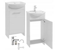 DomoDomo Armoire de Salle de Bain avec Lavabo 45 cm Blanc Brillant - Ensemble avec Robinet Chrome, Siphon et Bouchon Klik-Klak, Évier sur Pied 84x45 cm, Lavabo en Céramique