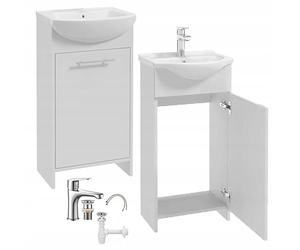 DomoDomo Armoire de Salle de Bain avec Lavabo 45 cm Blanc Brillant - Ensemble avec robinet Chrome, Siphon et Bouchon Klik-Klak, Évier sur Pied 84x45 cm, Lavabo en Céramique