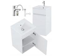 DomoDomo - Armoire de salle de bain suspendue 45 cm blanche avec lavabo et robinetterie - Petite armoire de salle de bain étroite avec espace de rangement - Armoire murale moderne avec porte et