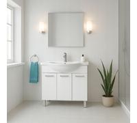 DomoDomo - Armoire de toilette sur pieds avec lavabo 75 Mea, 86 x 75 x 34 cm, blanc brillant, façade laquée